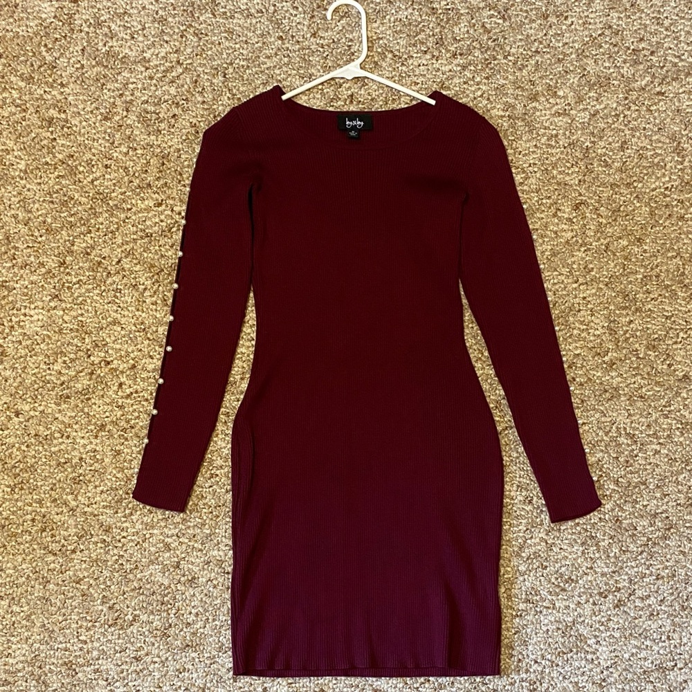 by&by Wine Long-Sleeve Ribbed Bodycon Dress with Pearl Buttons
